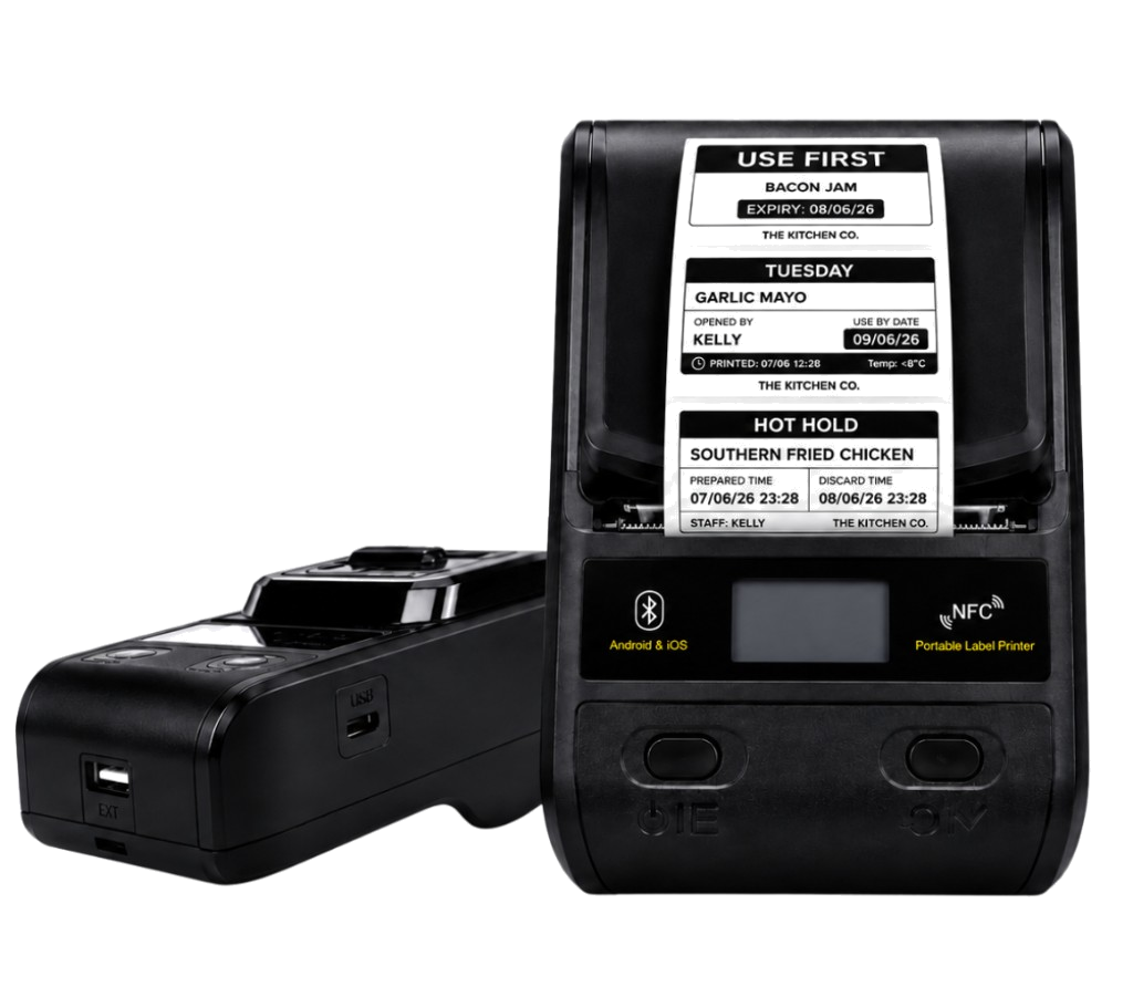 Portable Bluetooth thermal label printer printing food prep labels for kitchen compliance